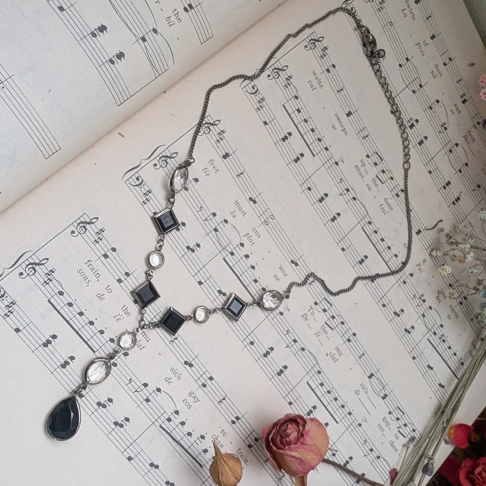 Vintage Silver-Tone Black Crystal Drop Necklace - Picture 10 of 13